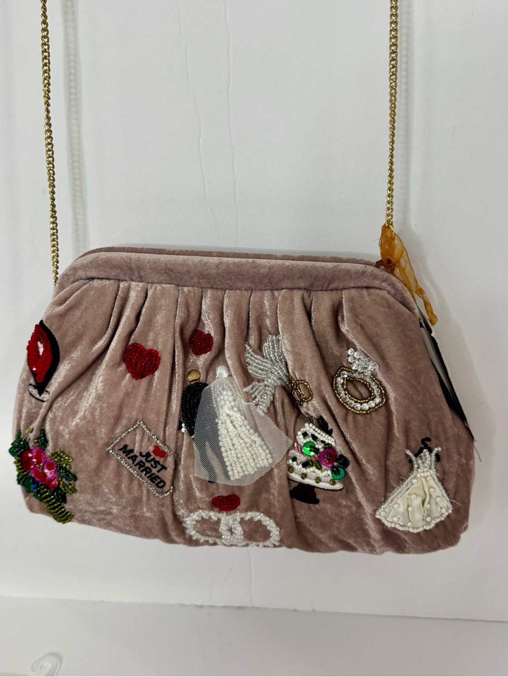 Embellished Dusty Rose Velvet Wedding Motif Clutch with Chain
